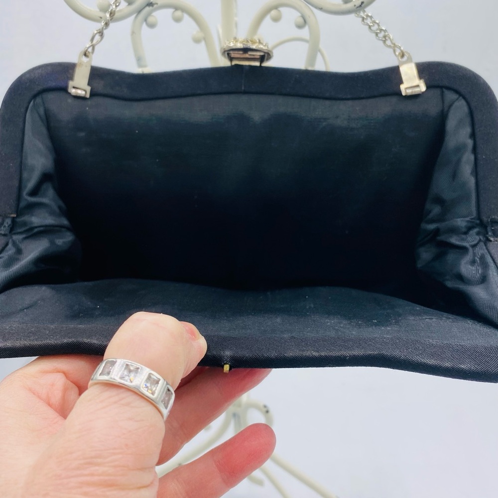 Vintage Elegant Black Fabric Clutch With Silver Tone Chain With Jeweled Clasp - Picture 5 of 12